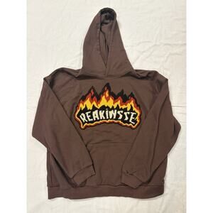 Aelfric Eden Vintage Embroidery Hoodie Brown Flame Logo Pullover Large